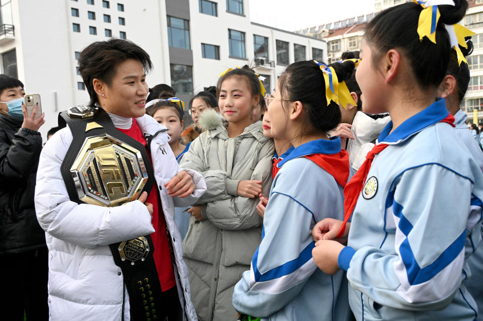 HANDAN, CHINA - JANUARY 17: Chinese professional mixed martial artist Zhang Weili visits her alma mater, Xiangtang Primary School, on January 17, 2023 in Handan, Hebei Province of China. (Photo by Hao Qunying/VCG via Getty Images)