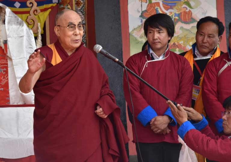 Exiled Tibetan spiritual leader the Dalai Lama speaks at the Sangdok Palri Monastery at Jang in Tawang on April 7, 2017