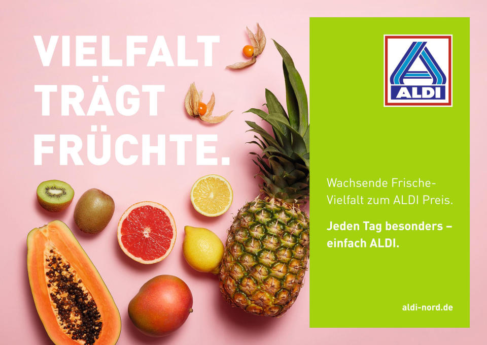 Großes Frischeangebot, hohe Qualität, niedriger Preis: So macht Aldi neuerdings Werbung. (Bild: obs/Unternehmensgruppe ALDI Nord/ALDI Nord)