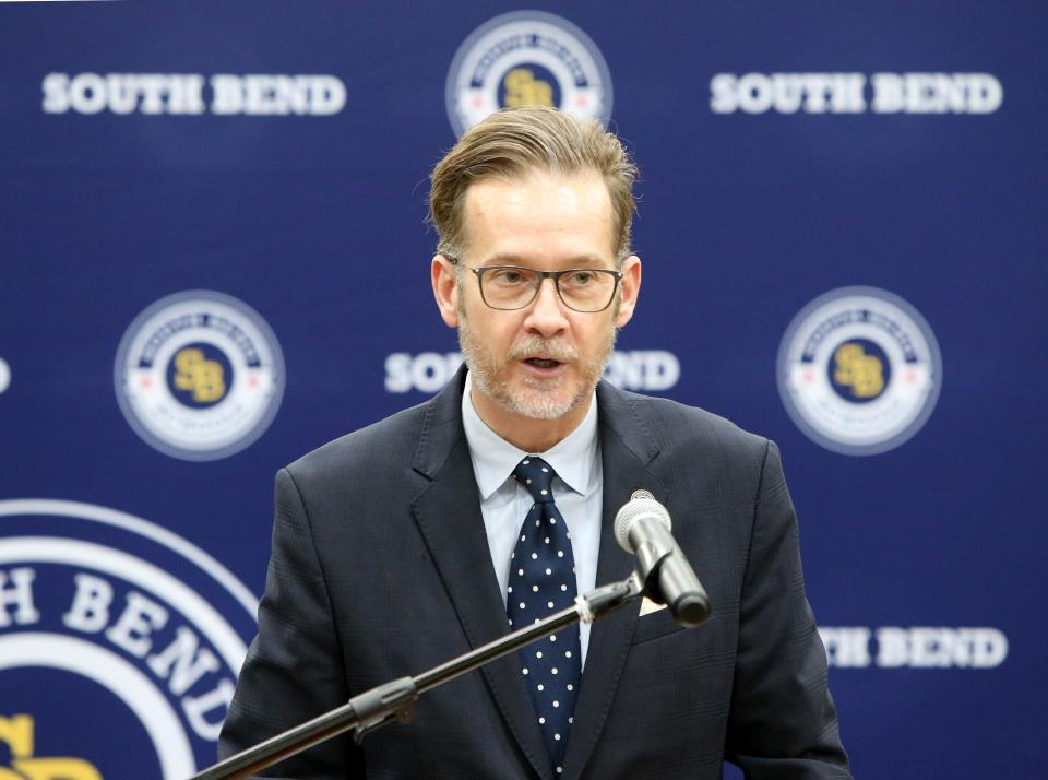 South Bend Community School Corp. Superintendent Todd Cummings.  speaks Friday, Jan. 27, 2023, at the unveiling of the two new electric school buses at the South Bend School District bus facility on Bendix Drive in South Bend.