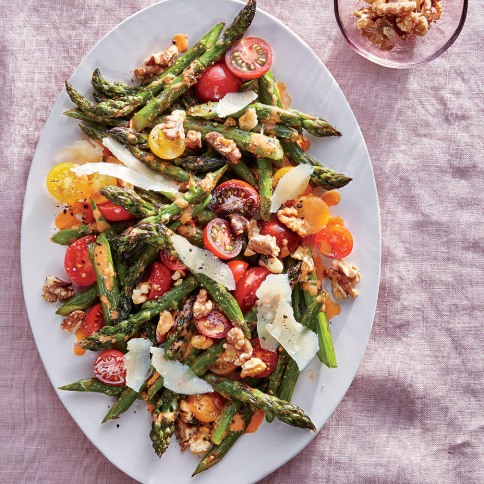 Roasted Asparagus with Walnuts, Parmesan, and Cherry Tomatoes