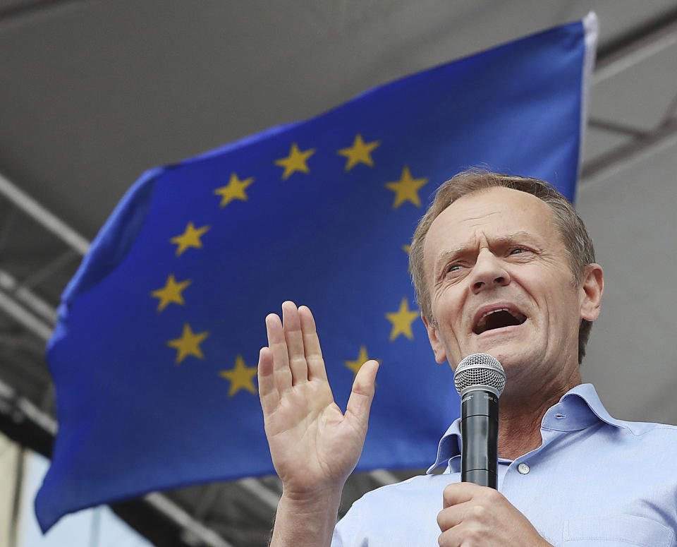 European Union Council President Donald Tusk leads a march celebrating Poland's 15 years in the EU and stressing the nation's attachment to the 28-member bloc ahead of May 26 key elections to the European Parliament, in Warsaw, Poland, Saturday, May 18, 2019. (AP Photo/Czarek Sokolowski)