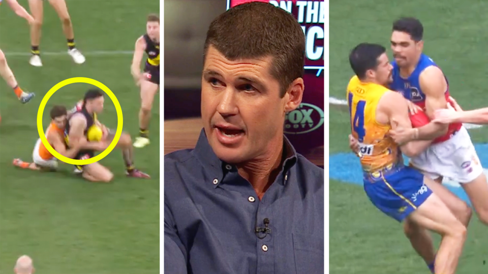 Lions great Jonathan Brown (pictured middle) has taken aim at the AFL after Charlie Cameron and Toby Bedford were both handed long suspensions this week. (Getty Images)