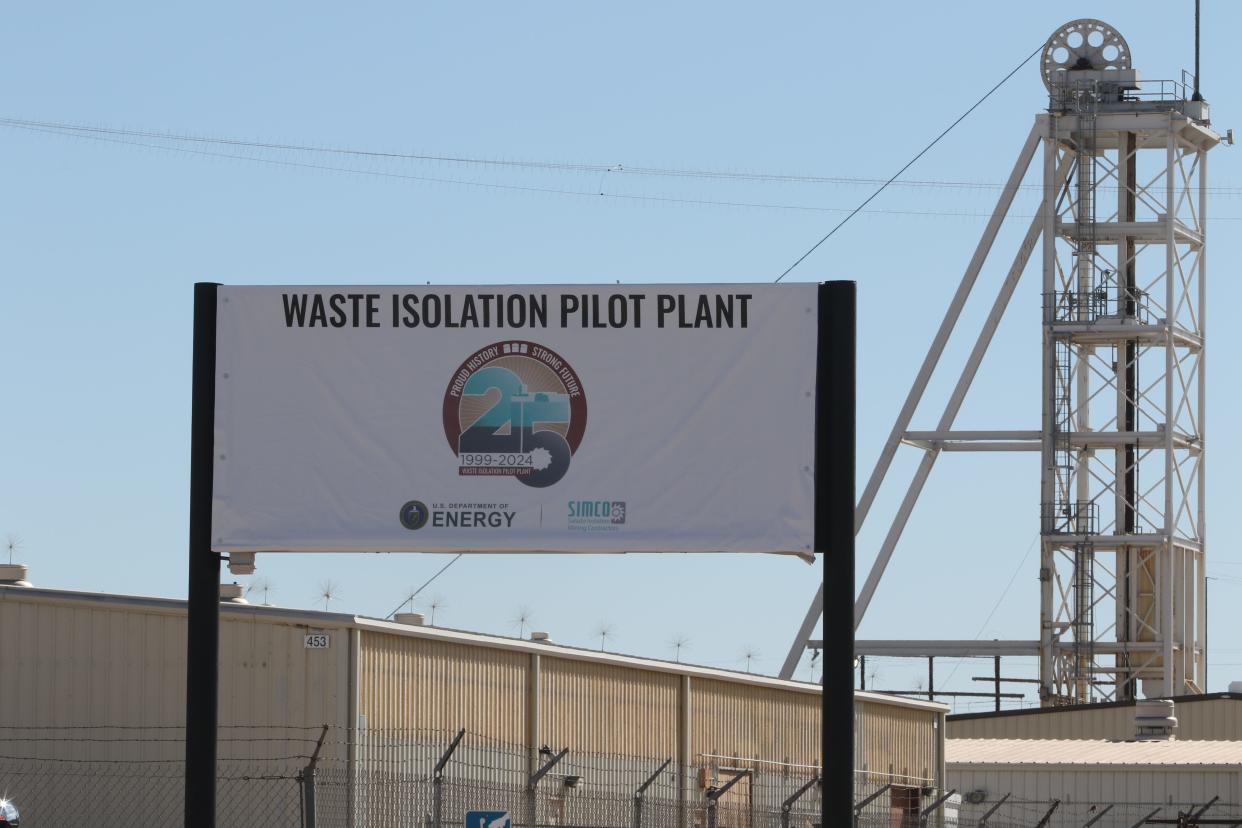 A sing commemorates the 25th anniversary of the first shipment of nuclear waste to the Waste Isolation Pilot Plant, March 26, 2024 at the WIPP site.