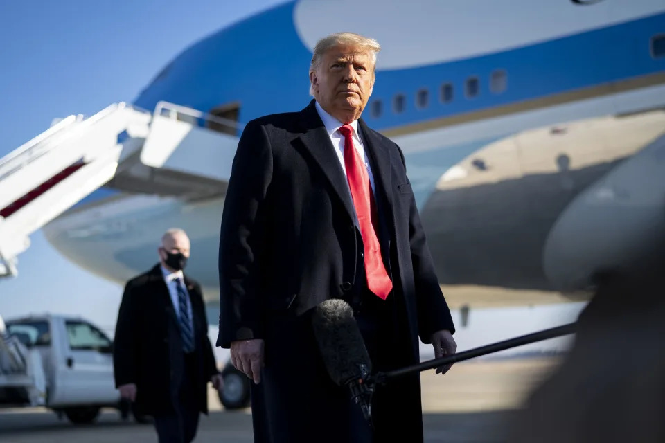 Then-President Donald Trump with reporters before boarding Air Force One at Joint Base Andrews, Md, Jan. 12, 2021. (Doug Mills/The New York Times)