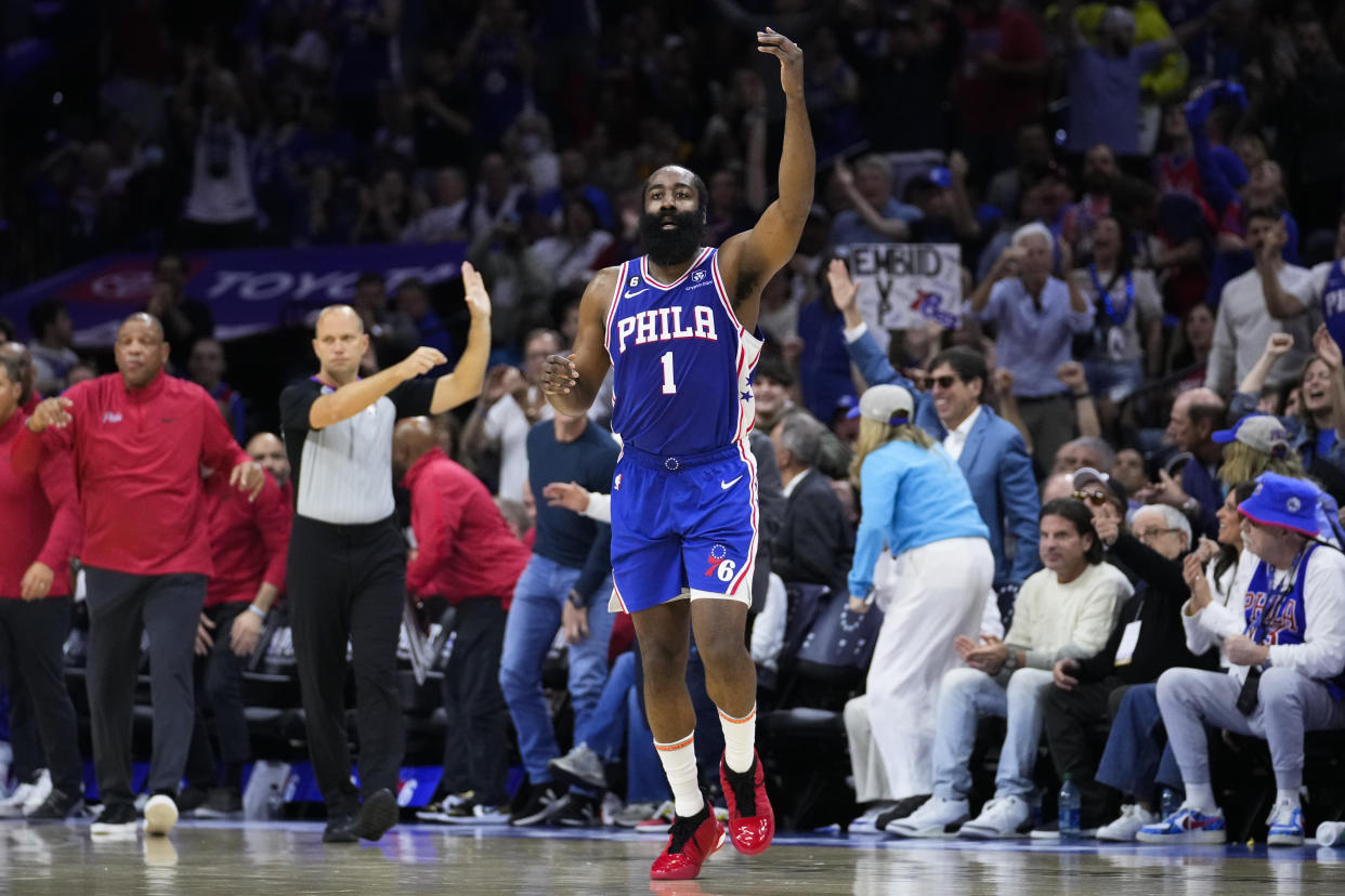 Philadelphia 76ers' James Harden reacts during the second half of Game 4 in an NBA basketball Eastern Conference semifinals playoff series Boston Celtics, Sunday, May 7, 2023, in Philadelphia. (AP Photo/Matt Slocum)