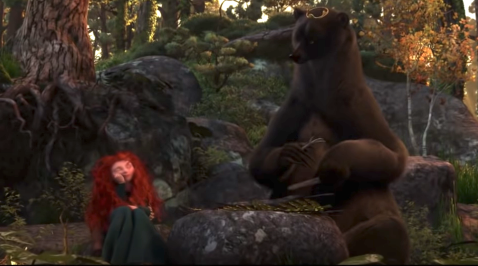 Merida hanging out in the woods with a bear