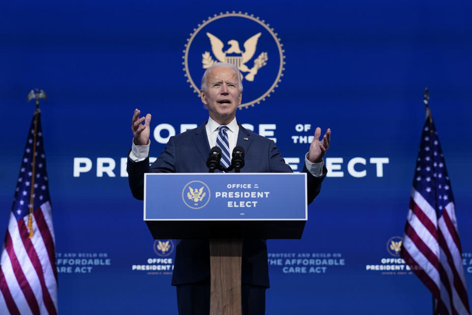 President-elect Joe Biden speaks at The Queen theater, Tuesday, Nov. 10, 2020, in Wilmington, Del. (AP Photo/Carolyn Kaster)