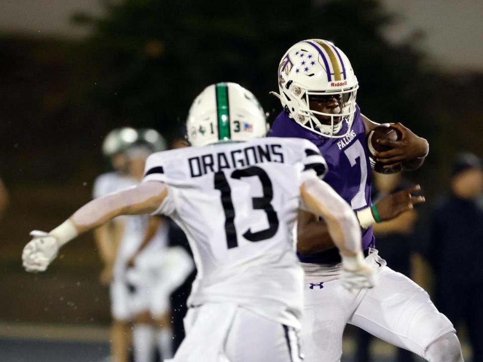 Timber Creek quarterback Lior Mendji (7) attempts to avoid the tackle of Carroll defensive back Trey Ferri (13) in the first half of a UIL high school football game at Keller ISD Stadium in Keller, Texas, Thursday, Sept. 14, 2023. Bob Booth/Special to the Star-Telegram