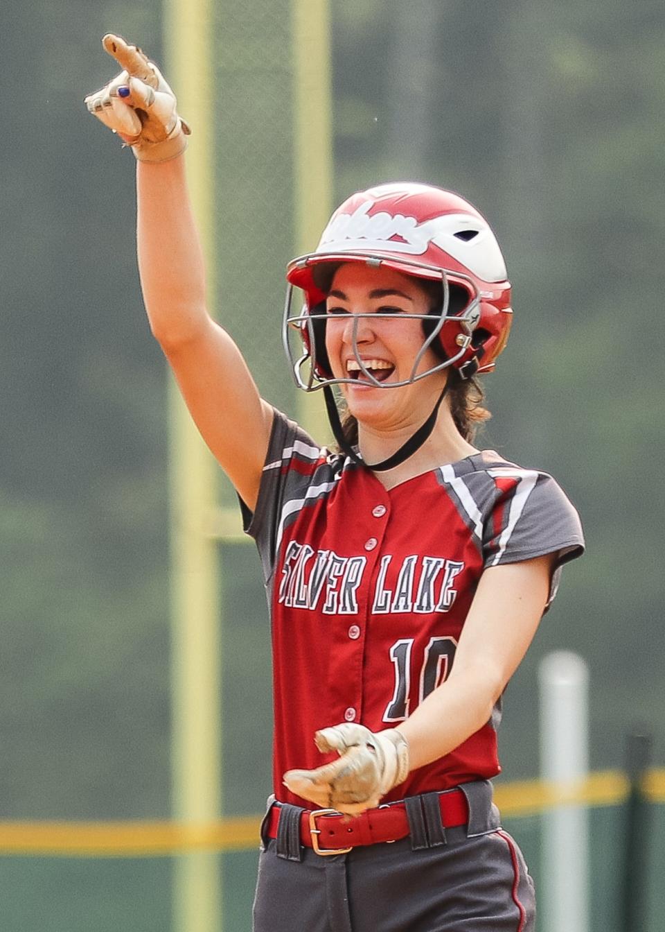 Silver Lake's Samantha Waters celebrates during a game against Oliver Ames in the Div. 2 Round of 32 on Tuesday, June 6, 2023.