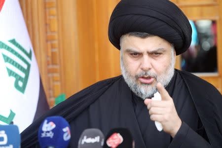 Prominent Iraqi Shi'ite cleric Moqtada al-Sadr speaks during news conference in Najaf, south of Baghdad, Iraq April 30, 2016. REUTERS/Alaa Al-Marjani