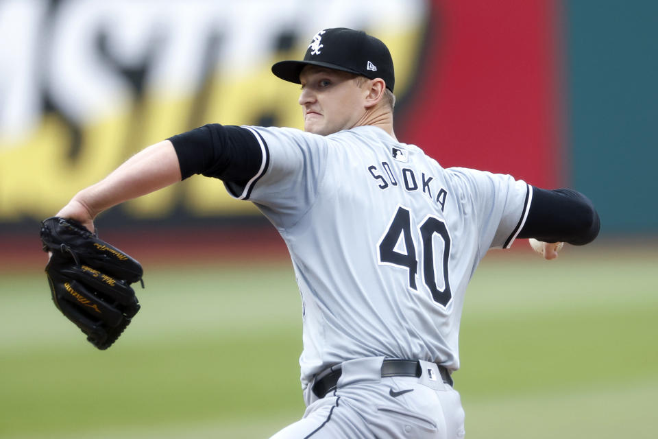 Chicago White Sox pitcher Michael Soroka delivers during the first inning of a baseball game against the Cleveland Guardians, Tuesday, April 9, 2024, in Cleveland. (AP Photo/Ron Schwane)