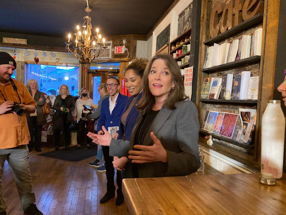 Author Marianne Williamson, a 2024 Democratic presidential candidate, made a campaign stop at Cup of Joe Cafe & Bar in Portsmouth on Thursday, March 9, 2023.