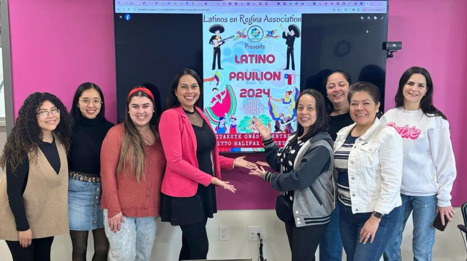 Latinos en Regina brings together people from various Latin American countries, including Venezuela, Colombia, Brazil and Mexico, to name just a few. Pictured at centre are organizer Ana Hernandez and stage manager Romina Aurich.