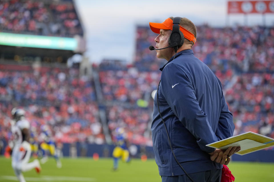 Denver Broncos head coach Sean Payton watches during the first half of an NFL preseason football game against the Los Angeles Rams Saturday, Aug. 26, 2023, in Denver. (AP Photo/Jack Dempsey)