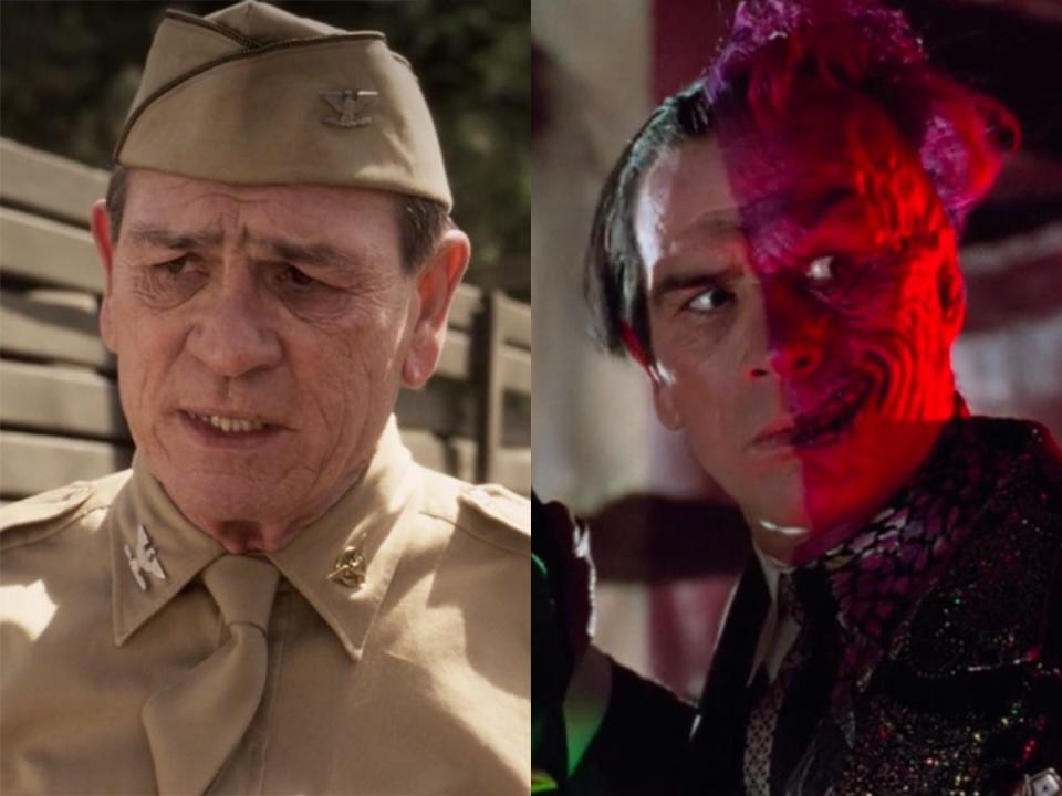 On the left: Tommy Lee Jones as Colonel Chester Phillips in "Captain America: The First Avenger." On the right: Jones as Harvey Dent/Two-Face in "Batman Forever."