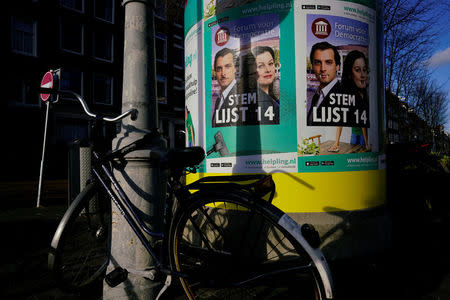 Thierry Baudet (Forum for Democracy) campaign posters are seen during the local council election in Amsterdam, the Netherlands, march 21, 2018. REUTERS/Cris Toala Olivares