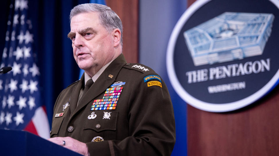 US Army General Mark Milley, Chairman of the Joint Chiefs of Staff, holds a press briefing about the US military drawdown in Afghanistan, at the Pentagon in Washington, DC September 1, 2021. (Saul Loeb/AFP via Getty Images)