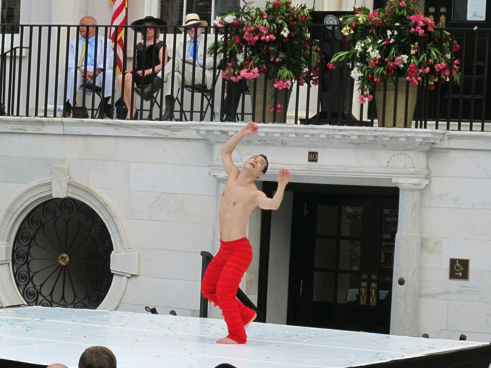 Kanji Segawa of the Alvin Ailey American Dance Theater performs during the opening ceremonies of the Spoleto Festival USA in Charleston, S.C., on Friday, May 25, 2012. The internationally known arts festival was opening its 36th season. (AP Photo/Bruce Smith)