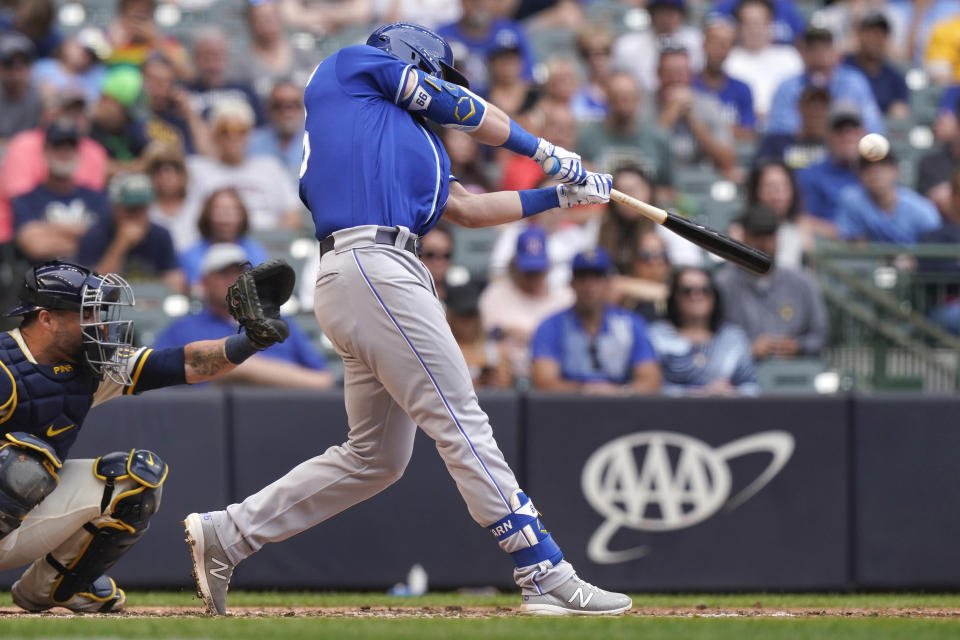 Kansas City Royals' Ryan O'Hearn hits a two-run home run during the seventh inning of the team's baseball game against the Milwaukee Brewers on Tuesday, July 20, 2021, in Milwaukee. (AP Photo/Nam Y. Huh)