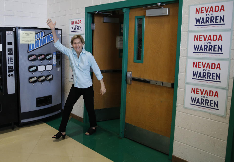 FILE - In this Aug. 2, 2019 file photo, Democratic presidential candidate Sen. Elizabeth Warren, D-Mass., arrives at a campaign event in Henderson, Nev. (AP Photo/John Locher)