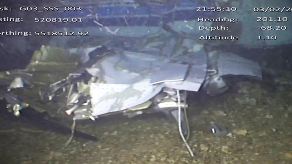 This still made from video provided by the Air Accidents Investigation Branch showing the wreckage of the plane which crashed into the Channel on Jan. 21, 2019 killing footballer Emiliano Sala.