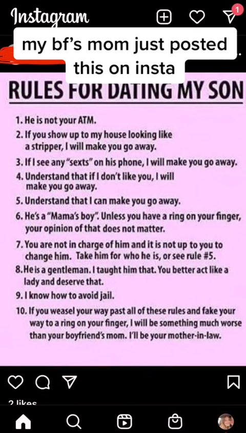 Mum's rules for dating her son