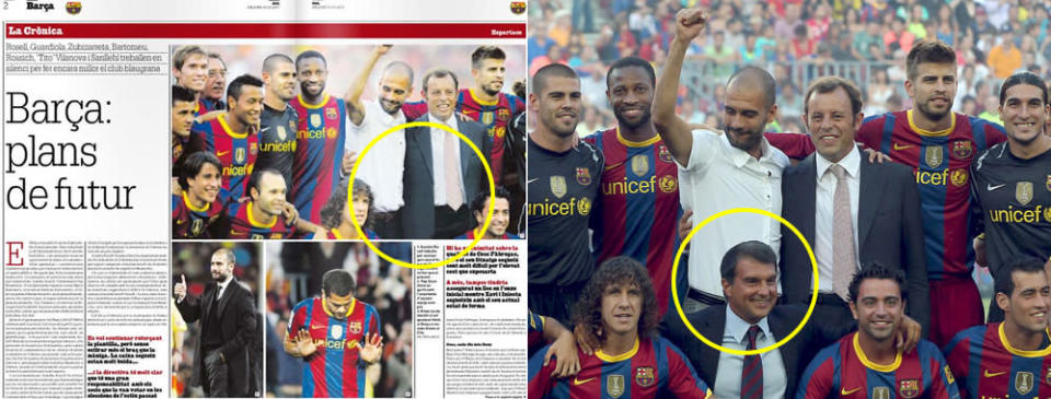 Al parecer, el Diario Gol no tuvo ningún reparo en borrar al ahora ex presidente de Barcelona FC, Joan Laporta, de la foto familiar cuando el club quedó campeón en la temporada 2009-2010. En la imagen de la derecha, distribuida por la Agencia EFE, se puede ver el preciso momento y Laporta estaba allí. A menos que Pep Guardiola se haya quedado congelado unos minutos con el brazo arriba.