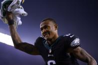 Philadelphia Eagles' DeVonta Smith reacts following an NFL football game against the Green Bay Packers, Sunday, Nov. 27, 2022, in Philadelphia. (AP Photo/Matt Slocum)