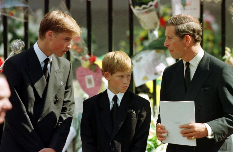 William and Harry with their father on the day of Diana’s funeral (PA)