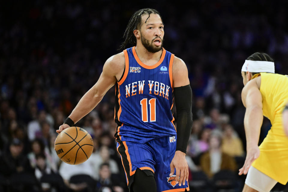 NEW YORK, NEW YORK - FEBRUARY 10: Jalen Brunson #11 of the New York Knicks handles the ball against the Indiana Pacers at Madison Square Garden on February 10, 2024 in New York City. NOTE TO USER: User expressly acknowledges and agrees that, by downloading and or using this photograph, User is consenting to the terms and conditions of the Getty Images License Agreement. (Photo by Steven Ryan/Getty Images)