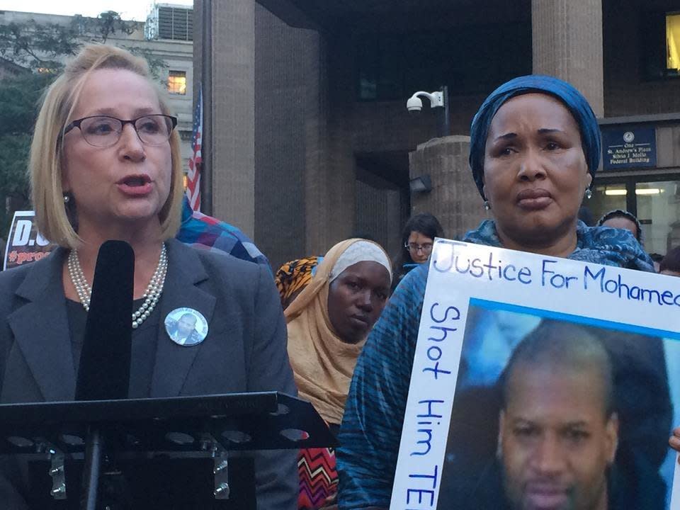 Debra Cohen&nbsp;and her client Hawa Bah, mother of&nbsp;Mohamed Bah,&nbsp;speak at&nbsp;a rally on Oct. 7, 2015 in lower Manhattan.