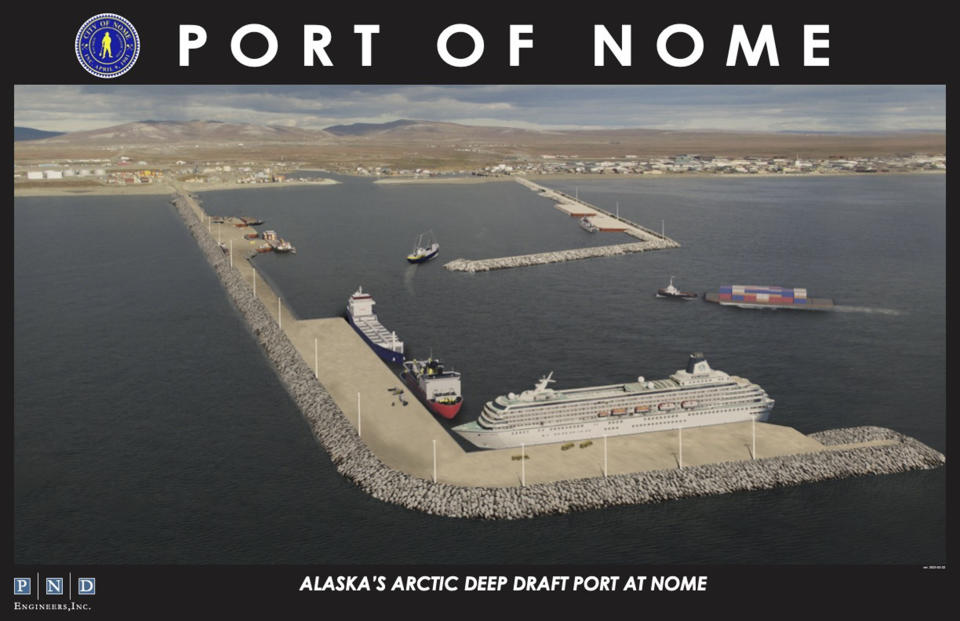This rendering provided by the City of Nome shows how the Port of Nome, Alaska, will appear following an expansion project that will cost more than $600 million. Shipping lanes that were once clogged with ice for much of the year along Alaska's western and northern coasts have relented thanks to global warming, and the nation's first deep water Arctic port should be operational in Nome by the end of the decade. (PND Engineers Inc./City of Nome via AP)