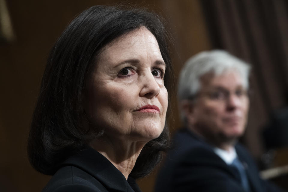 UNITED STATES - FEBRUARY 13: Judy Shelton and Christopher Waller, nominees to be members of the Board of Governors of the Federal Reserve System, testify during the Senate Banking, Housing, and Urban Affairs Committee confirmation hearing in Dirksen Building on Thursday, February 13, 2020. (Photo By Tom Williams/CQ-Roll Call, Inc via Getty Images)