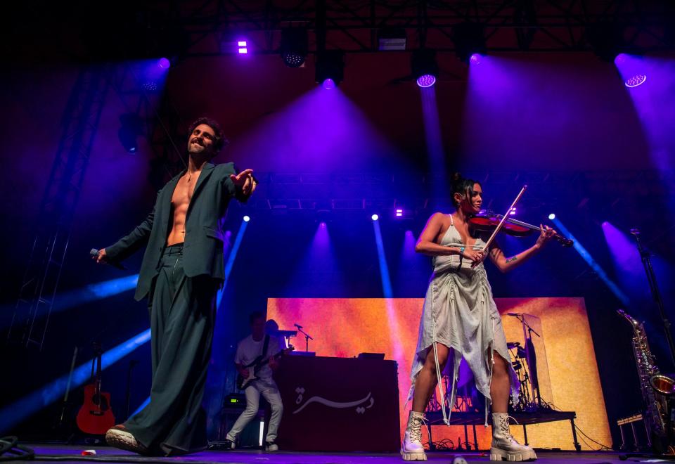 Saint Levant performs at the Gobi tent during the Coachella Valley Music and Arts Festival in Indio, Calif., Saturday, April 13, 2024.