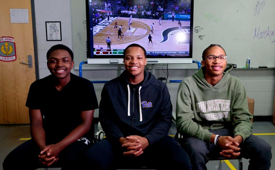 Mekhai Walker, Isaac Sanders and Travon Cooper, all seniors at Cass Technical High School, are eyeing future careers in sports management (Walker and Cooper) and sport journalism (Sanders). The three helped Cass Tech win a state basketball championship, the first in the school's history, on March 25, 2023. They were gathered by the Detroit Free Press at the school on Wednesday, May 3, 2023 to talk about their goals for the future.