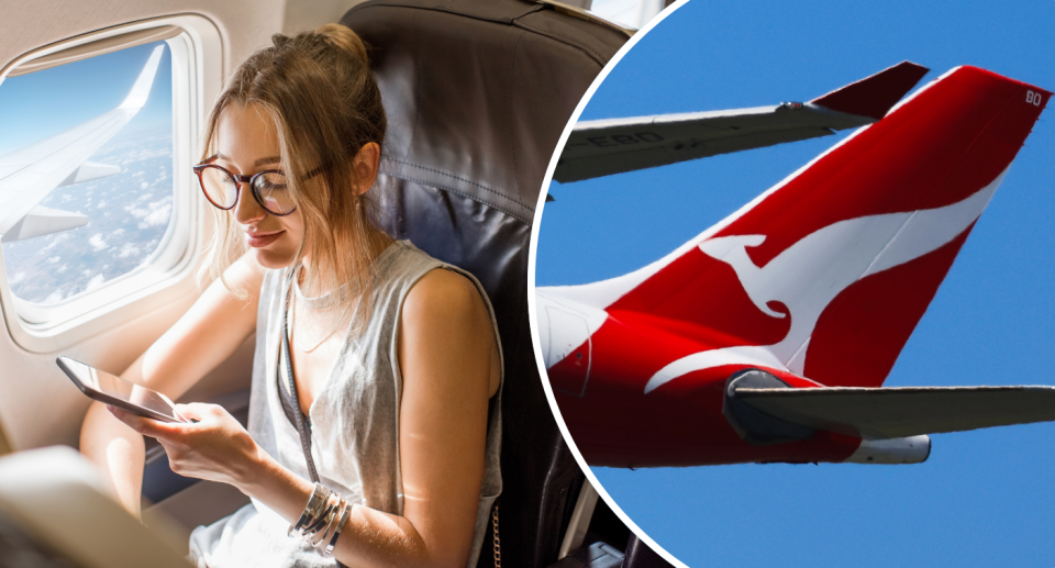 Plane passenger next to insert of Qantas tail