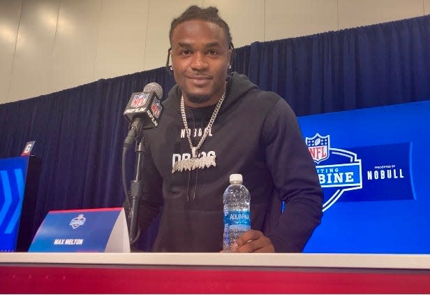 Rutgers cornerback Max Melton speaks to reporters at the NFL Combine in Indianapolis.