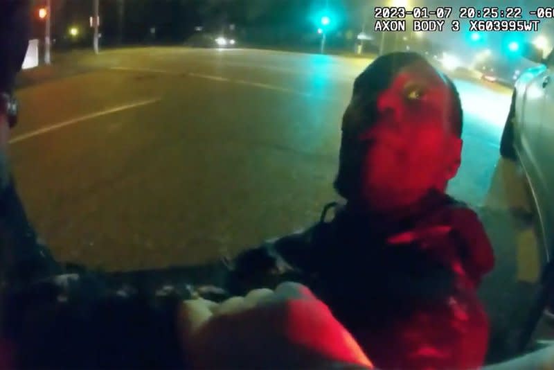 The City of Memphis released video footage recorded on police-issued body-worn cameras and a pole camera taken on the evening of January 7, 2023, in Memphis, Tennessee, of the incident between Tyre Nichols and members of the Memphis Police Department, on Friday, January 27. The footage shows several officers kicking and punching Nichols, who could repeatedly be heard calling for his mother's help as officers beat him following a traffic stop. Nichols died three days later. Photo via City of Memphis/UPI