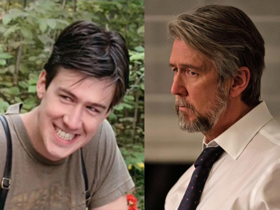 A side by side photo of Alan Ruck (a white man with short hair) as a young man in 1986 smiling and in 2022's "Succession" as an older man.