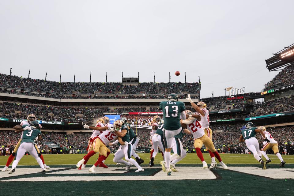 Jan 29, 2023; Philadelphia, Pennsylvania, USA; Philadelphia Eagles punter Brett Kern (13) ;punts form his own end zone against the San Francisco 49ers during the second quarter in the NFC Championship game at Lincoln Financial Field. Mandatory Credit: Bill Streicher-USA TODAY Sports