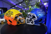Helmets are displayed in the NFL Draft green room, Wednesday, April 24, 2024, in Detroit. (AP Photo/Paul Sancya)