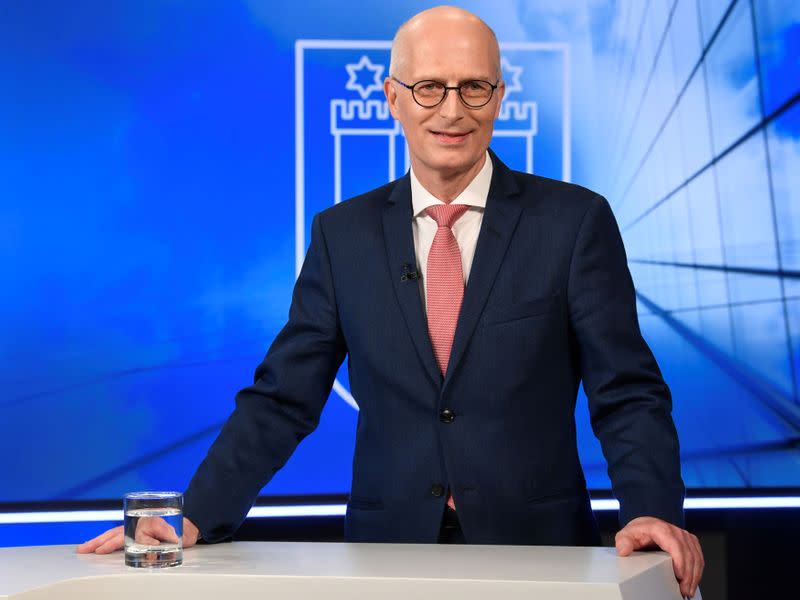 Top candidate and mayor of Hamburg Peter Tschentscher of the Social Democrats (SPD) poses for the media before a TV debate with his challenger Katharina Fegebank of the Greens in Hamburg