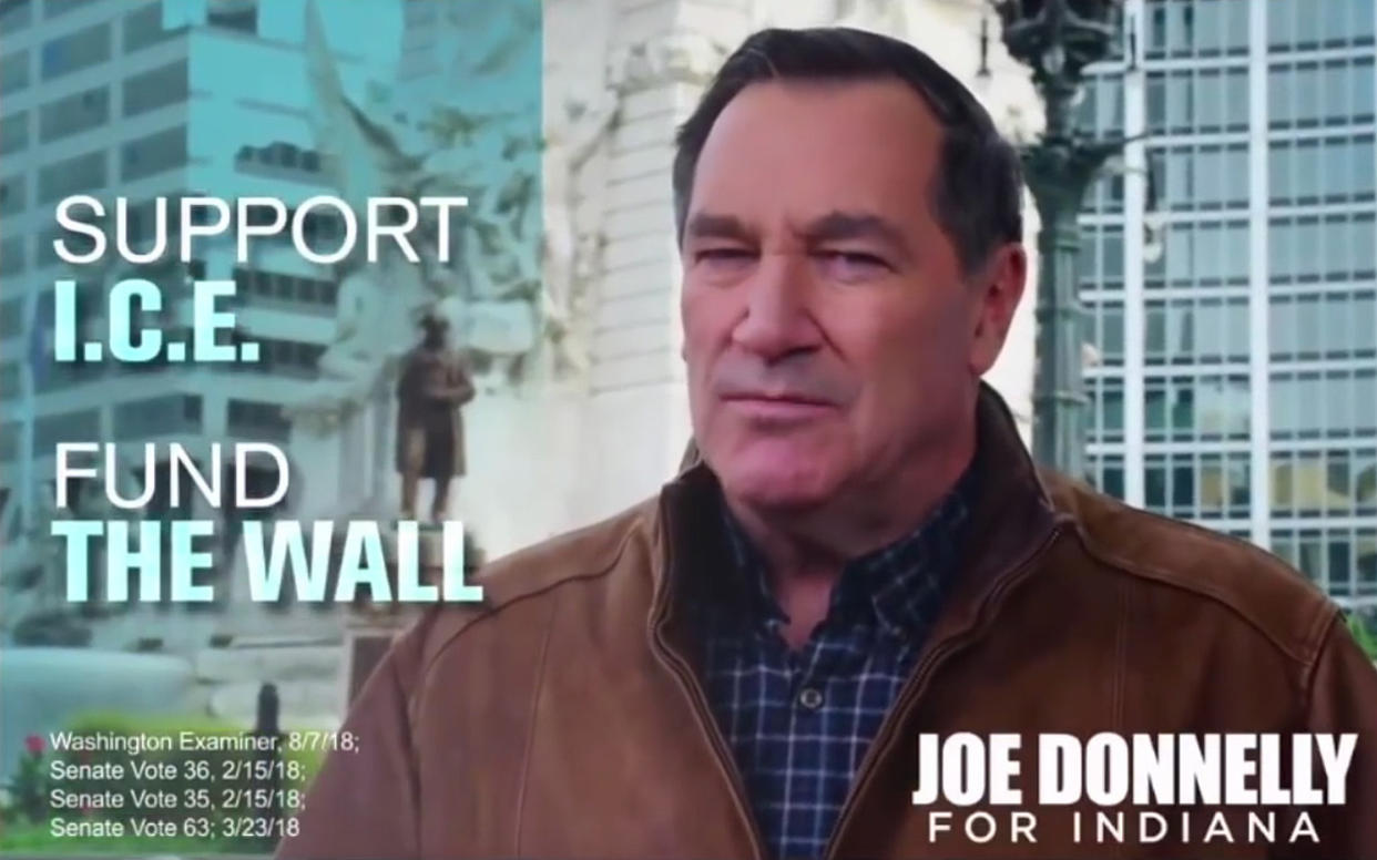 A new ad in which Indiana’s Democratic Sen. Joe Donnelly appears next to a graphic that says: “Support I.C.E. Fund the wall.” (Photo: YouTube)