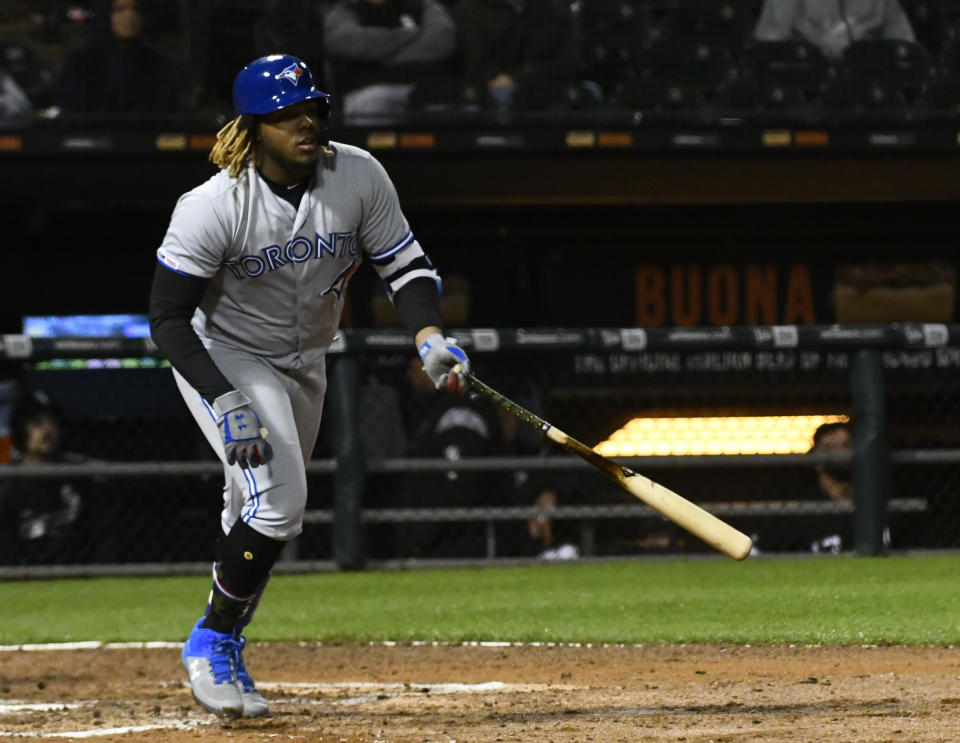 Toronto Blue Jays third baseman Vladimir Guerrero Jr. (27) bats during the fifth inning of a baseball game against the Chicago White Sox Friday, May 17, 2019, in Chicago. (AP Photo/Matt Marton)