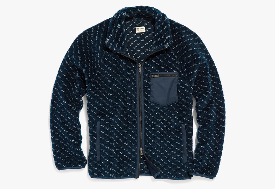 Todd Snyder Birdseye Print Sherpa Full Zip Jacket in Navy