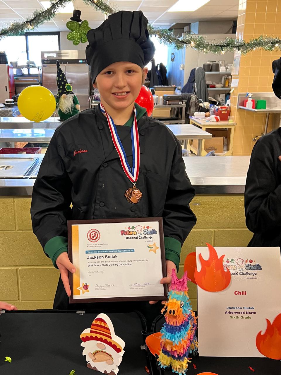 Jackson Sudak, a sixth grader at Arborwood North Elementary School, is shown after placing first in the local Sodexo Future Chefs Challenge.