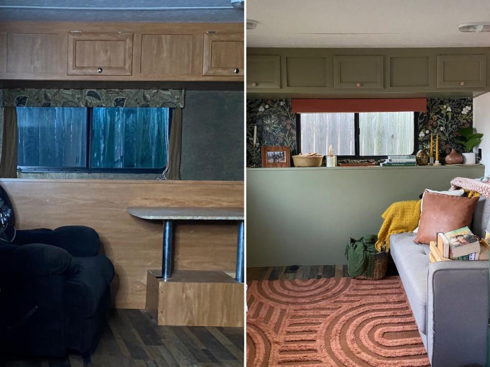 Before-and-after images of the camper's living area.