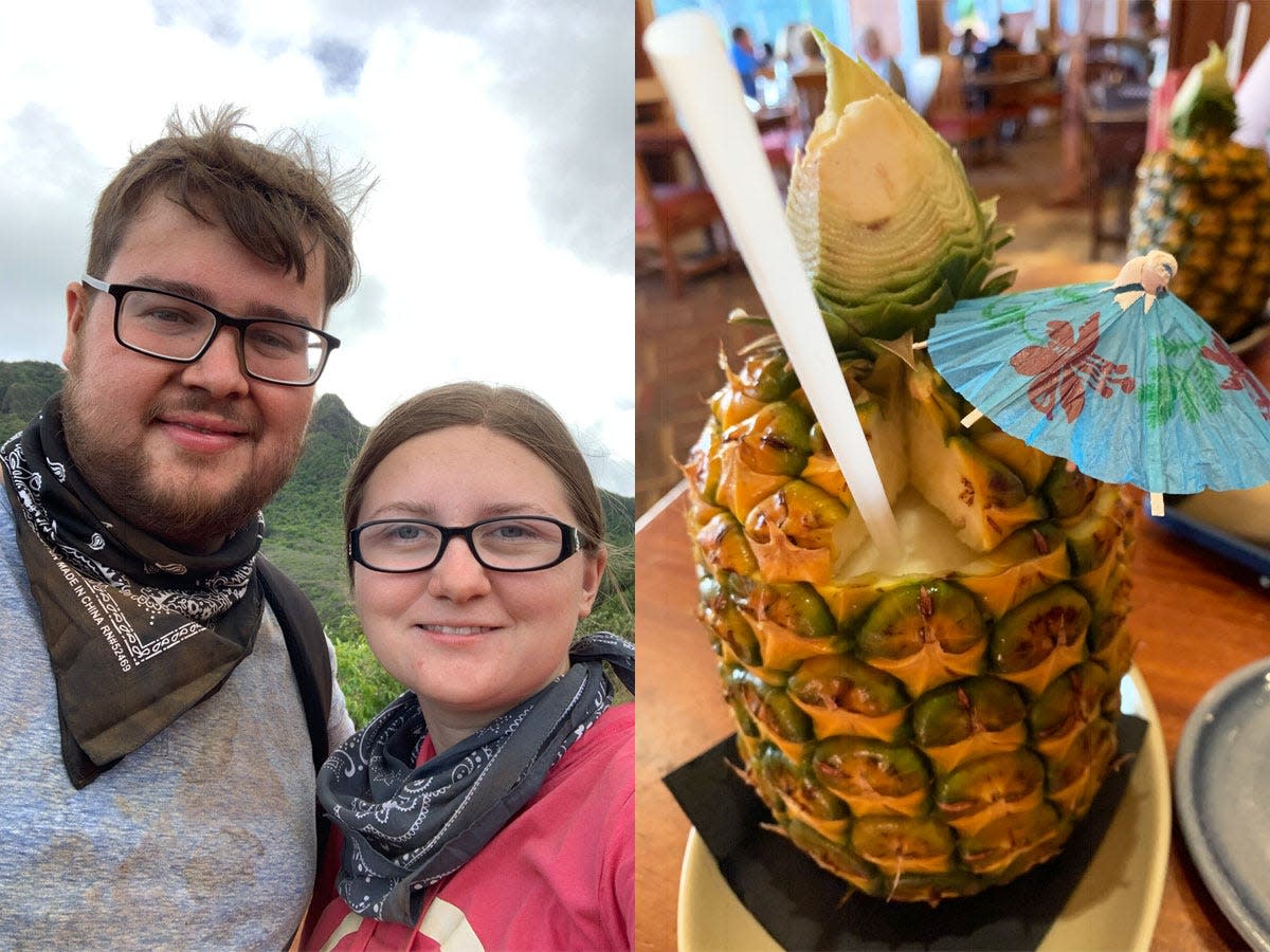 matthew wilson and wife selfie (left) and drink in pineapple with straw (right)
