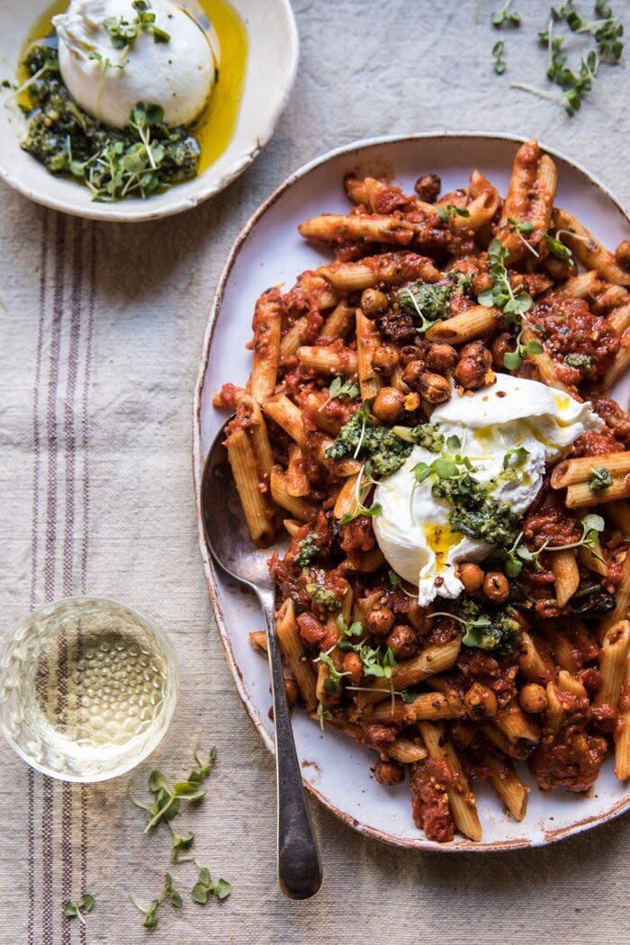 <strong><a href="https://www.halfbakedharvest.com/easiest-tomato-basil-penne-with-spicy-italian-chickpeas/" target="_blank" rel="noopener noreferrer">Get the Easiest Tomato Basil Penne with Spicy Italian Chickpeas recipe from Half Baked Harvest</a></strong>